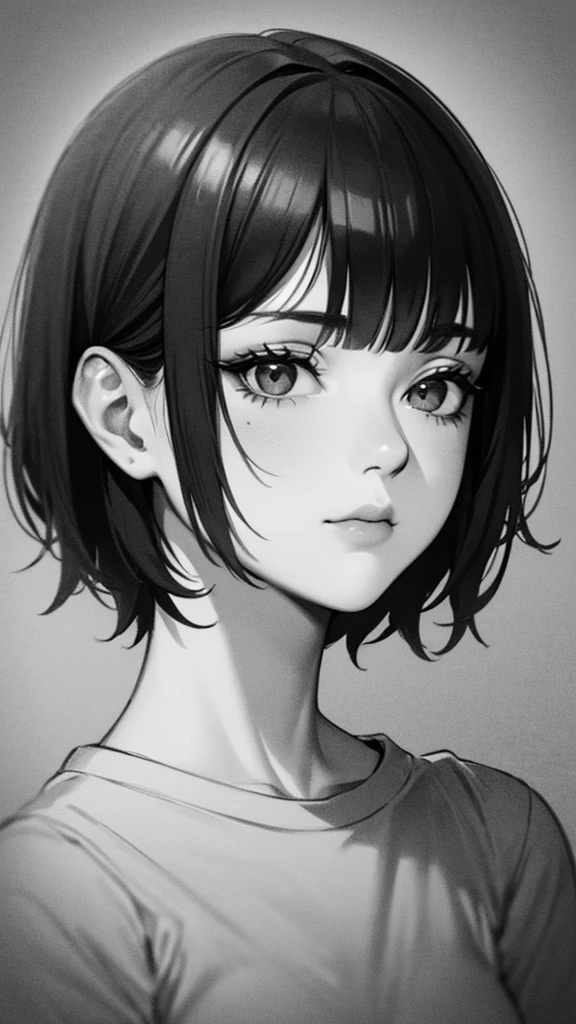 1 woman, alone, monochrome, grayscale, black short hair, portrait, t-shirt, closed mouth, looking at viewer, sketch, graphite \(middle\), small lips, hatching \(group\), Without makeup, upper body, (best illustration), (best quality), (very detailed), (masterpiece), 30s girl, small eyes, bangs,