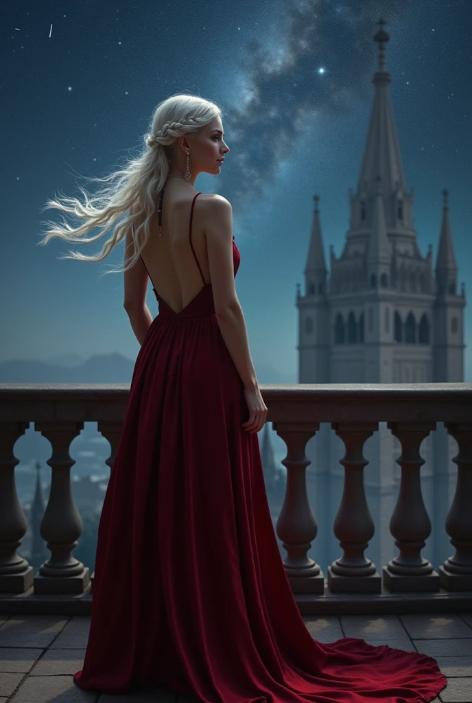 A beautiful woman, curvy body, pale skin, fine feature, sharp gaze, long hair, white haired, one braid, show forehead, long necklace, ancient greek clothing, tied top, backless dress, long sleeves, soft fabric texture, black and red clothes. Outdoors, on the balcony of the observatory, gothic architecture, starry night sky. ((Masterpiece, Best Quality, Highest Image Quality, High Resolution, Photorealism, RAW Photos, 8k)),