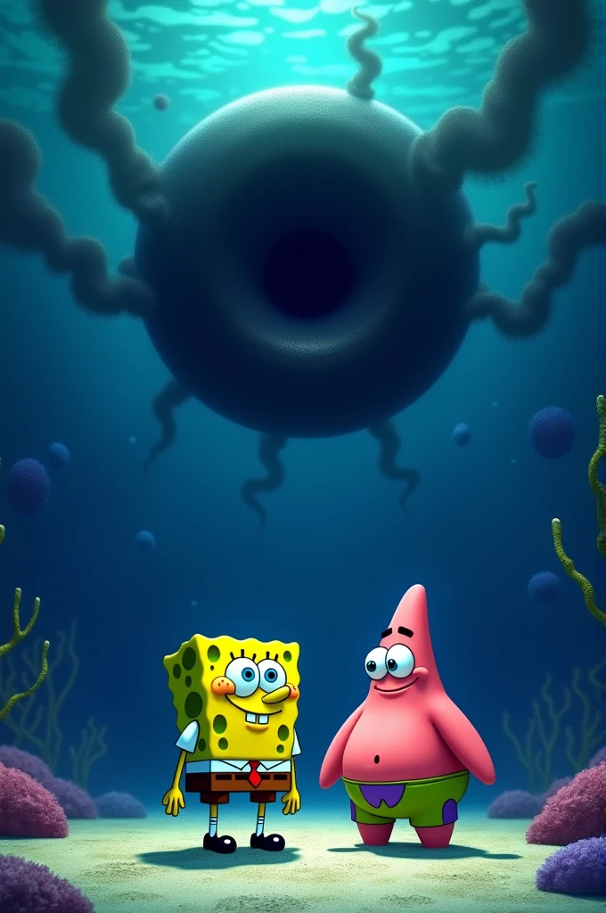 Make Spongebob , Patrick Star and Squidward looking at the dark sky with a cosmic dark eye, around the eyes there is black smoke