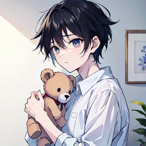 Watercolor, pale colour, Boy in white shirt, Have a teddy bear.