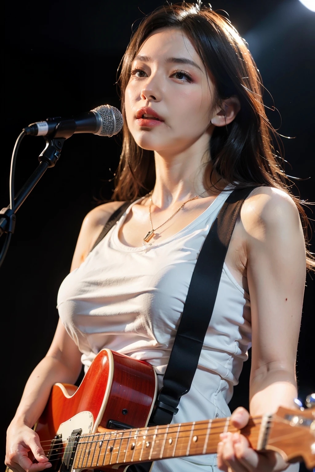 Best Quality, Masterpiece, Ultra High Resolution, (Realistic: 1.2), Original Photo, Head Photo, Skin, Simple Background, Seductively tall, D-cup big breasts,
Black Eyes, Detail, Selfie, 1 Girl, a white top, night, on stage live concert, play electric guitar and sing a song with microphone.