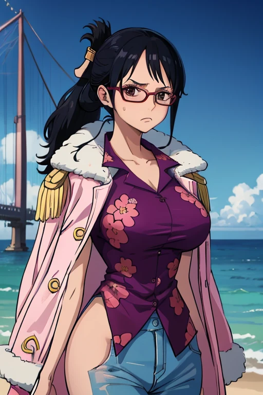 masterpiece, best quality, tashigi, black eyes, folded ponytail, glasses, pink coat, coat on shoulders, purple shirt, blue pants, upper body, looking at viewer, large breasts, serious, ocean, city 