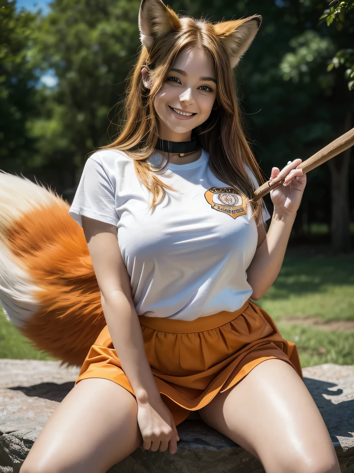 ((Highest quality, 8k)), ((masterpiece)), (Highest Resolution), Perfect Face, Fox Woman, Female college student, Beautiful woman, Outdoor, Only one tail, she has thick thighs, Her large tail, She has an orange fox tail, She wags her tail, Smiling with teeth showing, Fur collar, She's wearing a shirt and a short skirt., Plump Breasts, Beautiful Hips , A fox tail sticks out from the skirt.
