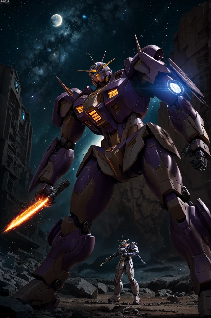a violet gundam robot, samurai styling, staring up, low angle, lunar surface, raging battle in space, best quality, 8k, highres, masterpiece, ultra-detailed, realistic, photorealistic, HDR, UHD, studio lighting, ultra-fine painting, sharp focus, physically-based rendering, extreme detail description, professional, vivid colors, bokeh, mecha, science fiction, dramatic lighting, cinematic, powerful, striking pose, dynamic action, epic scale
