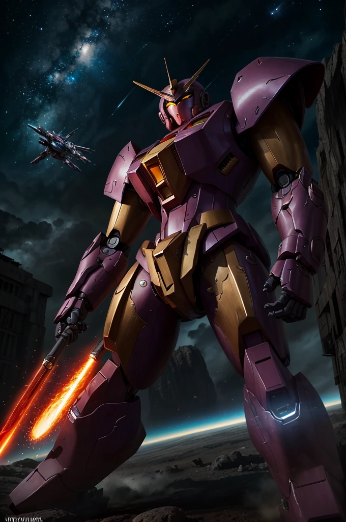 a violet gundam robot, samurai styling, staring up, low angle, lunar surface, raging battle in space, best quality, 8k, highres, masterpiece, ultra-detailed, realistic, photorealistic, HDR, UHD, studio lighting, ultra-fine painting, sharp focus, physically-based rendering, extreme detail description, professional, vivid colors, bokeh, mecha, science fiction, dramatic lighting, cinematic, powerful, striking pose, dynamic action, epic scale
