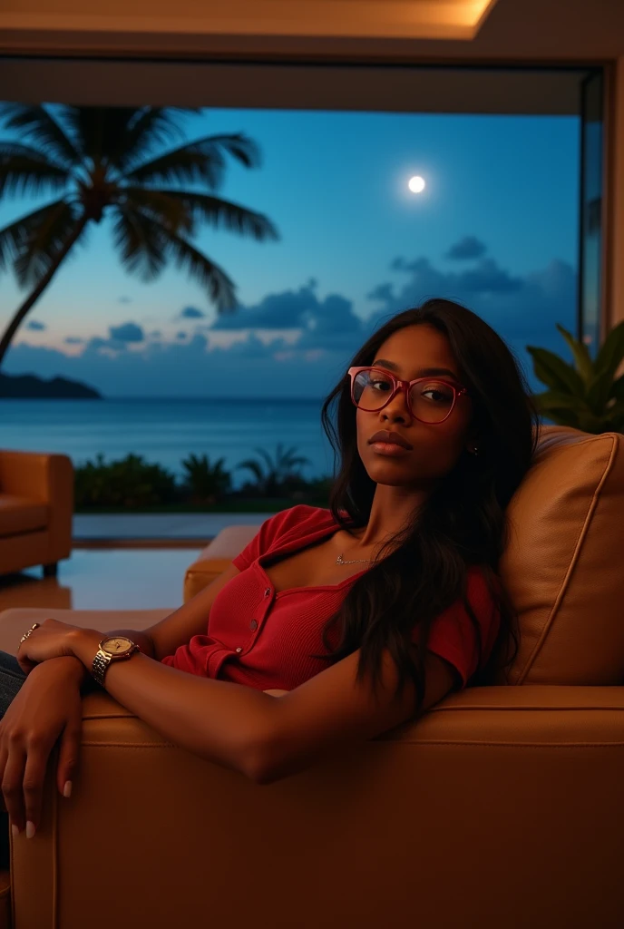black girl, 19 ans, long black hair, red glasses, sitting in a large luxury modern living room, tan furniture, dark lighting, night, panoramic view of Hawaii out of the window, full body