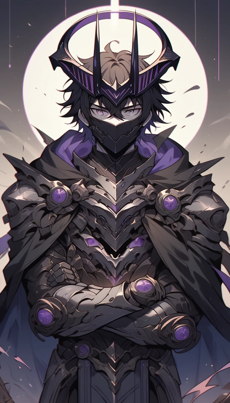 1 boy,mask,exomech,black hair,hair between eyes,messy hair,black armor,machina,horns,headgear,full armor,[purple|blue] colourtrims,([purple|blue]:1.2), light colour array trims,black metal armor,(grey skin:1.2),black colour halo,tail coat,standing,black hood,cloak,solo,mask,face mask,closeup,detail face,purple neon,