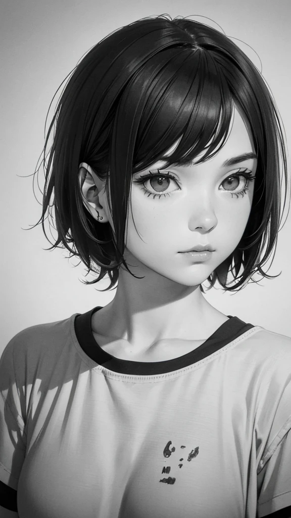 1girl, solo, monochrome, greyscale, short black hair, portrait, T-shirt, closed mouth, looking at viewer, sketch, graphite \(medium\), small lips, hatching \(texture\), without makeup, bangs, upper body, (best illustration), (best quality), (very detailed), (masterpiece),