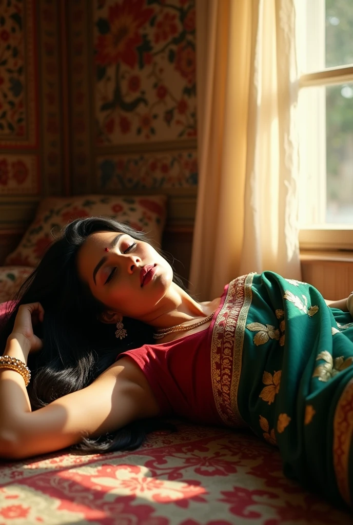 a beautiful girl in a green saree lying on bed, exposed, after intimate moment, tired, detailed face, beautiful eyes, delicate skin, natural lighting, cinematic, photorealistic, highly detailed, sensual, intimate, moody, dramatic lighting, warm color tones