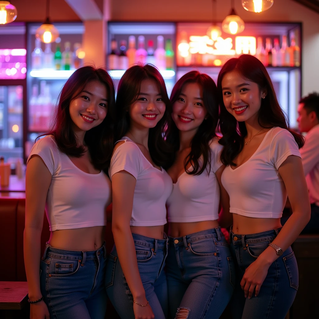 windows wallpaper, photo in a bar, ((4 beautiful Japanese girls:1.3)), very big breasts, fitted jeans, white fitted t-shirt, huge breasts, voluptuous, blushing ,  ((big breasts:1.4))