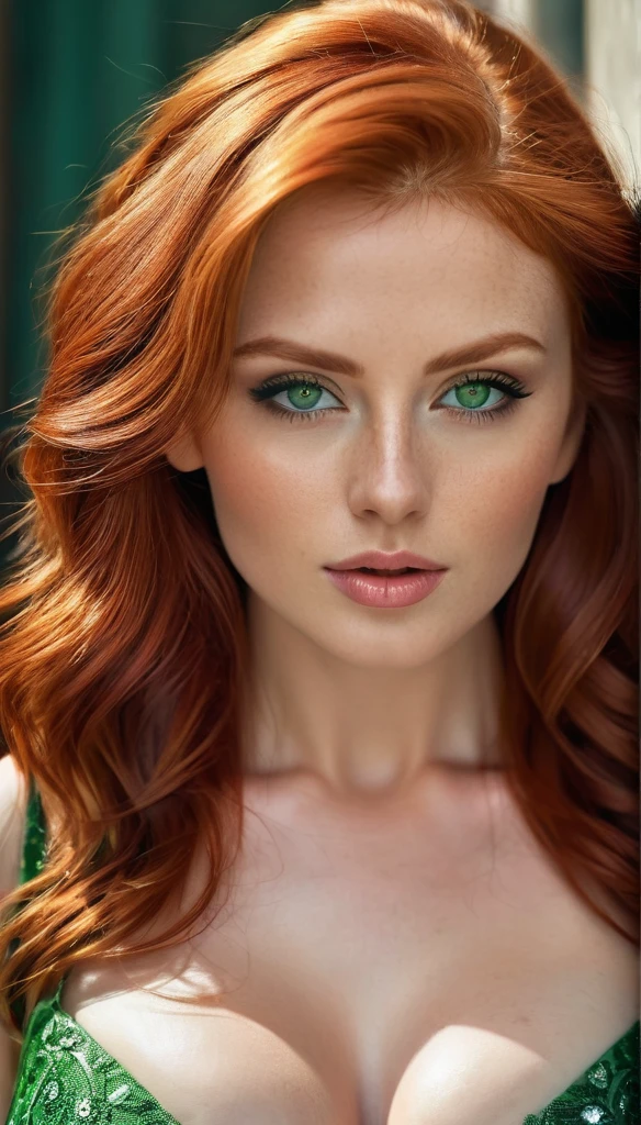 Beautiful lady red hair green eyes in low-cut dress, (ultra detailed, absolutely resolution, best quality:1.3), 2.5D, delicate and dynamic, artistic photography, hyper realistic, graphic CG digital art