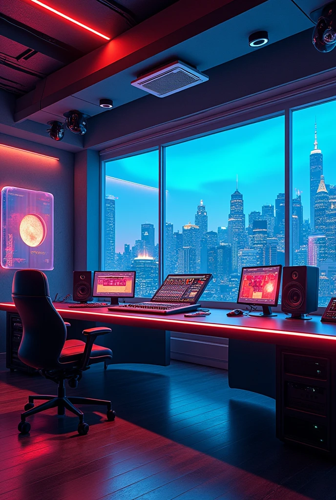 a futuristic recording studio, highly advanced and cutting-edge technology, sleek and minimalist design, holographic displays, artificial intelligence-powered sound engineering, neon lighting, industrial-style architecture, seamless integration of digital and physical elements, panoramic city skyline view, cinematic and awe-inspiring atmosphere, 8k, photorealistic, hyper-detailed, cinematic lighting, dramatic shadows, vibrant colors, concept art style
