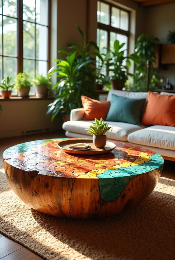 Hello, I would like you to create a coffee table for the living room made with pieces of recycled plastic and small pieces of wood. Thank you.