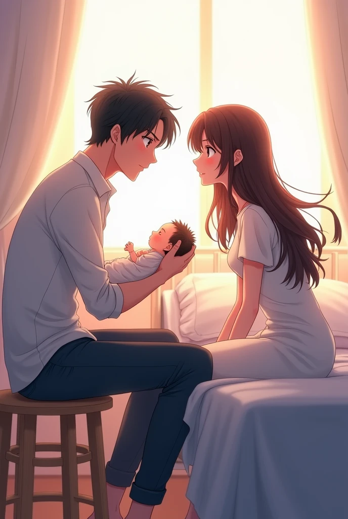 An anime man with black hair and dark maroon Eyes and he is sitting on a small stool which is next to a hospital bed and he is holding a  and on the bed is laying   an anime woman with long middle brunette hair and dark brown eyes and they are in a hospital 