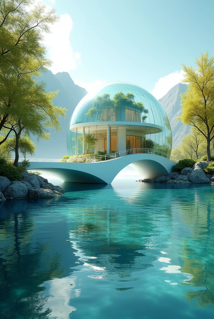 an image of a surrealist house, entirely made of glass, with glass walls and ceiling, on top of a white bridge, that curves over a huge lake. The place is open air, well-lit. Green trees surround the lake with clear waters. She looks like this picture: https://pin.it/1YWipDRip