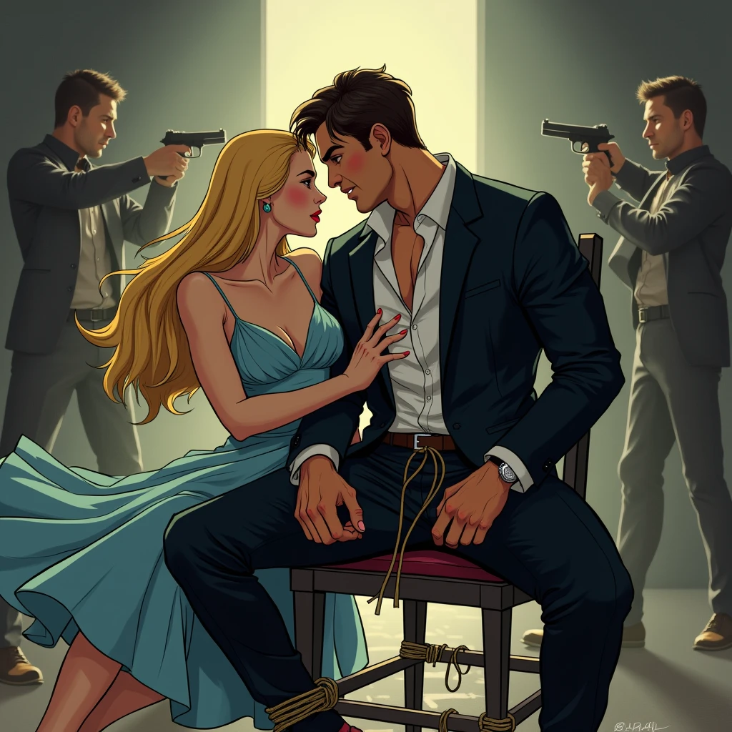 A woman with long, straight golden blonde hair, with a light blue dress and light blue heels, she is in profile, desperately sitting astride the legs of a muscular and handsome man, He wears a completely black suit, who is sitting on a metal chair with his hands tied. In the background of a kidnapping site. A KIDNAPPED MAN, ON A METAL CHAIR WITH HANDS TIED (with ropes) BEHIND THE CHAIR, AROUND HIM THERE WERE PEOPLE SHOOTING WITH GUNS, SHE IS SITTING ON HIS LEGS TO PROTECT HIM FROM THE GUNS, HE IS ALMOST HUGGING HIM. profile picture. animated art