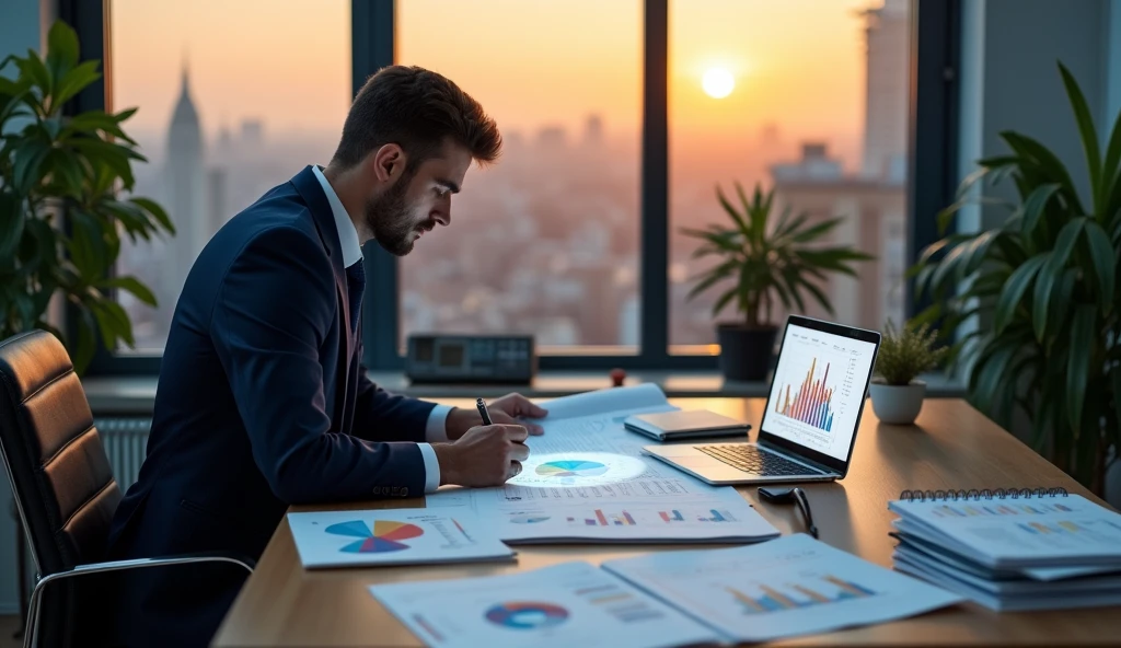 Create an image that shows the concept of working with intelligence and persistence in a modern context. Show a person, maybe a businessman or a professional, engaged in a complex task with a detailed action plan in front of you. Include elements such as progress charts, goals and a calendar that represents the continuity of the effort. The image should convey the idea that true reward comes from continued action and dedication., with a well-organized work environment and a background that suggests lasting growth and success.