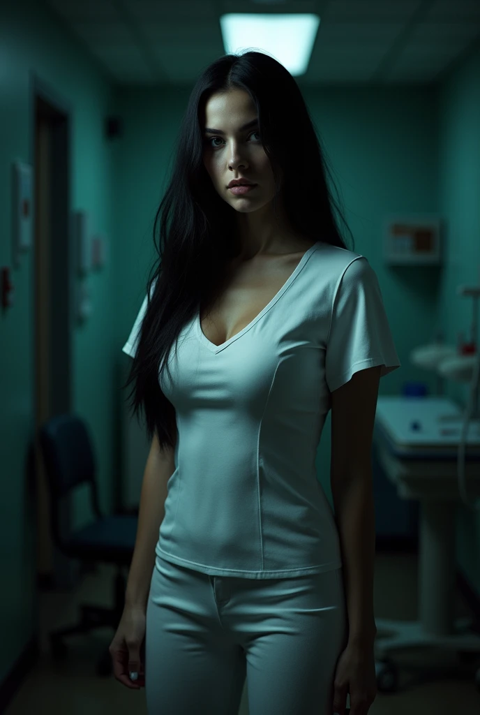 Realistic girl, White skin, slim, with a larger than average bust, black hair, with a provocative look, dressed as a nurse, sexy nude, posing sexy, in a very dark room
