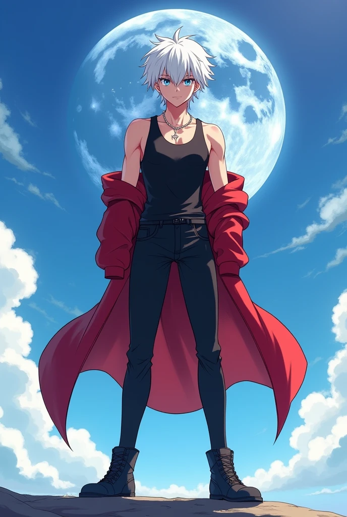 ((quality)), ((art)), ((best)), ((detailed)), 1, ((boy)), ((beautiful)) ((beautiful)), ((perfect)), ( (Anime)), he is ((19 years old)), and he is extremely handsome and perfect, his body is ((slim and muscular and athletic with a nice physique)), he has ((white hair as bright as the moon and beautiful with an asymmetrical shape)), he has beautiful and handsome ((bright blue eyes like the sky)), he wears a ((tight black tank top that shows off his muscular athletic body)), he wears a ((shiny silver neck necklace )), He wears a ((red jacket with long sleeves)), which is tied at the ((waist)), He wears a ((tight black pants)), He is wearing a pair of ((black boots)).