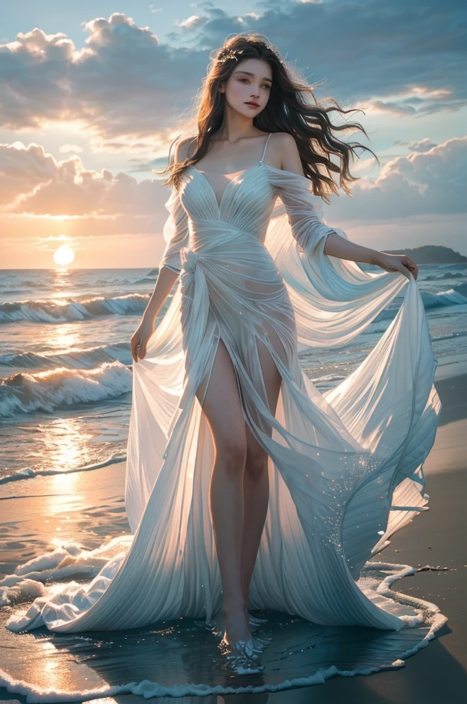 Woman in white dress standing on the beach,waves crashing on the shore, wearing a Clothes made of water, ethereal beauty, Ocean Goddess, elegant dress, Ocean Goddess, Clothes made of water, beautiful goddess, Real photography of the Queen of the Ocean, Semi-transparent dress, flowing robe, Fantasy dresses, Fluid magic robe, Beautiful digital art work, Inspired by Magalie Villeneuve ,sunset,低角度sunset強光透射薄紗