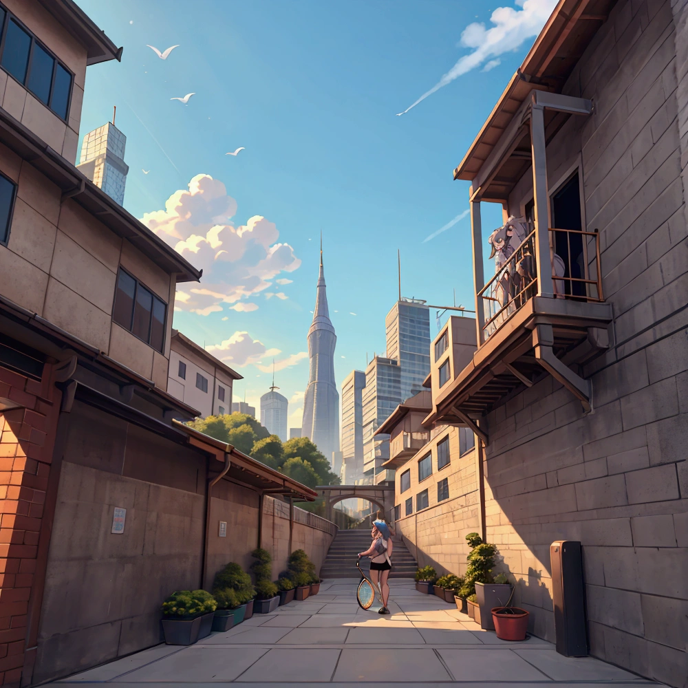 (work of art:1.2) (best qualityer) (detailded) (intrikate) (8k) (HDR) (wall-paper) (cinematic lighting) (sharp focus),1 girl, building, chain-link_zaun, zaun, skyscraper, citysscape, ferris_wheel, cerulean_sky, citys, racket, sky, blush, tennis_racket, skyline, rooftop, architechture, ssmile, giorno, east_Asian_architechture, lens_sheen, tower, bridge, House, avo_gura, Real_world_Location, Abigail 