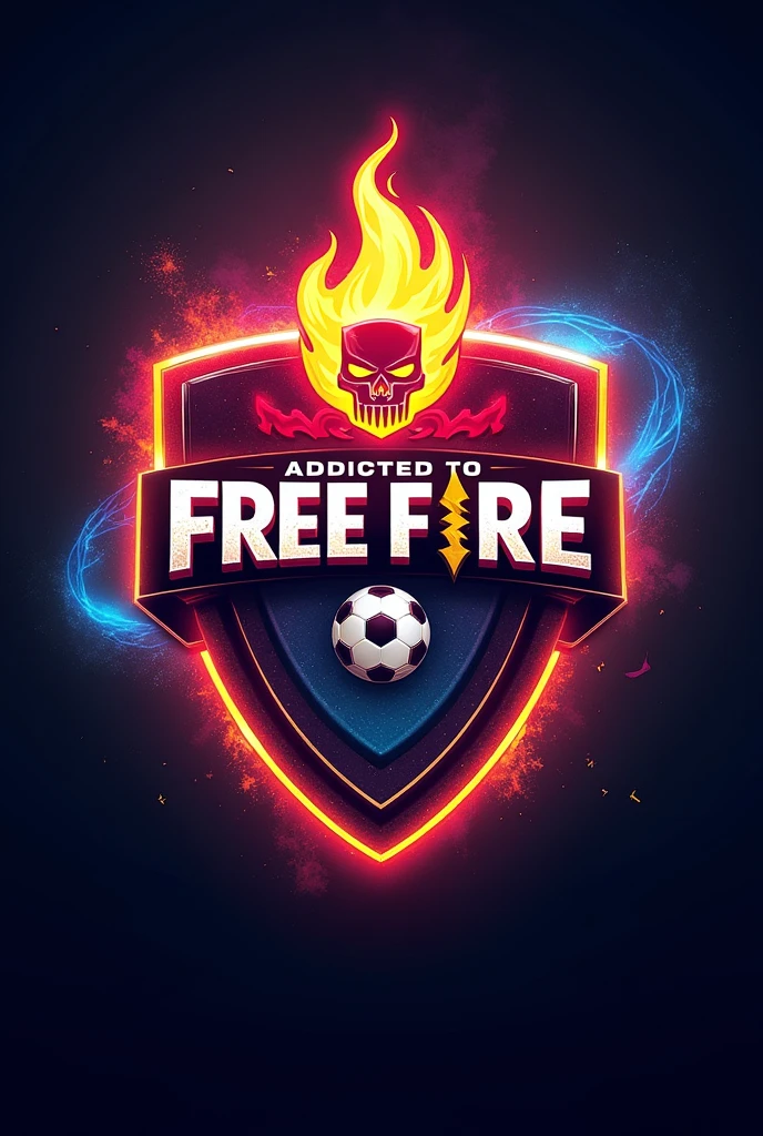 Create me a symbol that contains the free fire logo, the clash of clans logo and the fifa mobile logo, and a phrase that says addicted to free.