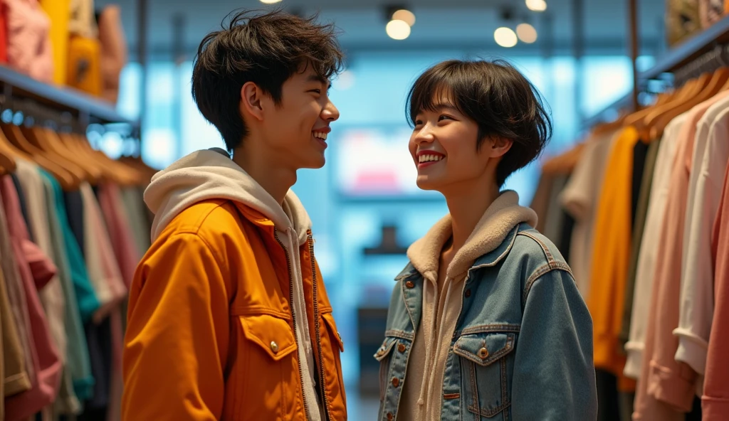 A male and female Japanese college student with short hair and stylish clothes are talking with bright expressions,Excited, Photo of your face, In a stylish store, with a natural look, With a slightly tired look, tilt your face a little, Diagonal orientation, Average face