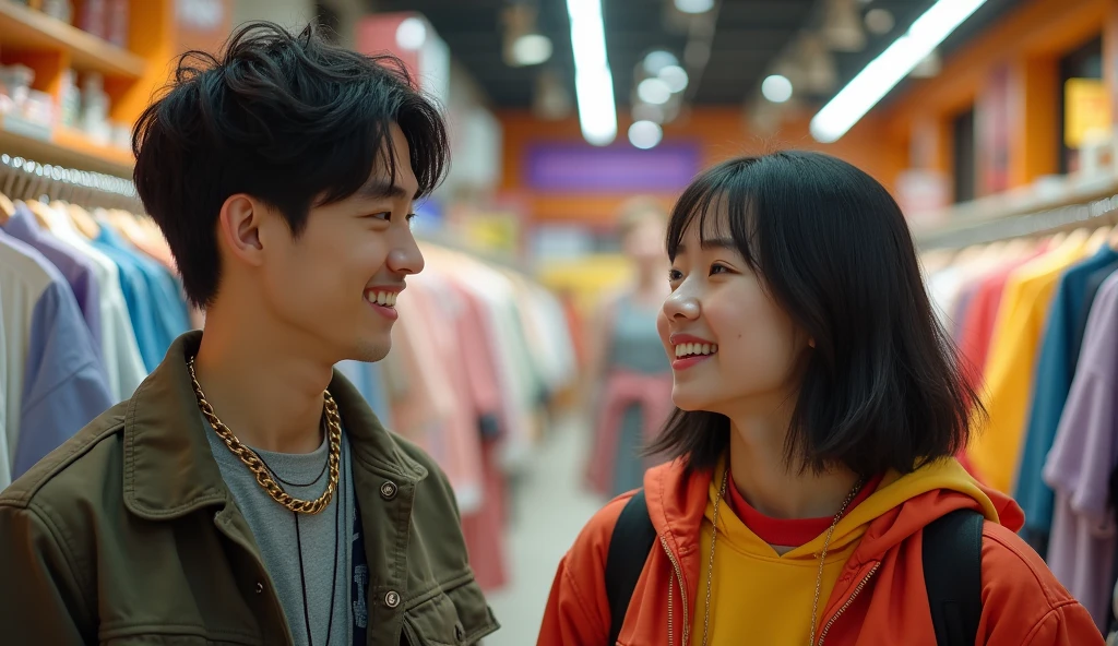 A male and female Japanese college student with short hair and stylish clothes are talking with bright expressions,Excited, Photo of your face, In a stylish store, with a natural look, With a slightly tired look, tilt your face a little, Diagonal orientation, Average face