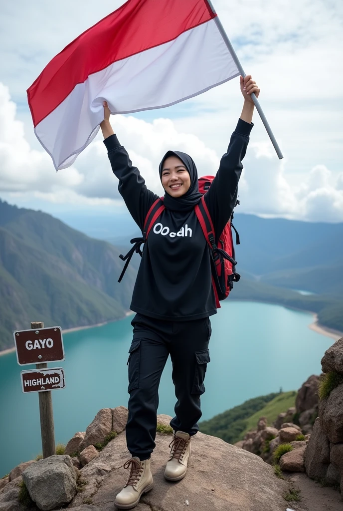 Professional photography of a Korean woman wearing a hijab, a loose black t-shirt that reads "Ocah" black cargo trousers, nude coloured boots, a mountaineering bag on her back, standing at the top of a mountain, waving an Indonesian flag, surrounded by rocky terrain with a view of the lake below. A sign reads "GAYO HIGHLAND", a partly cloudy sky adds to the background of the scene, as he smiles at the camera.