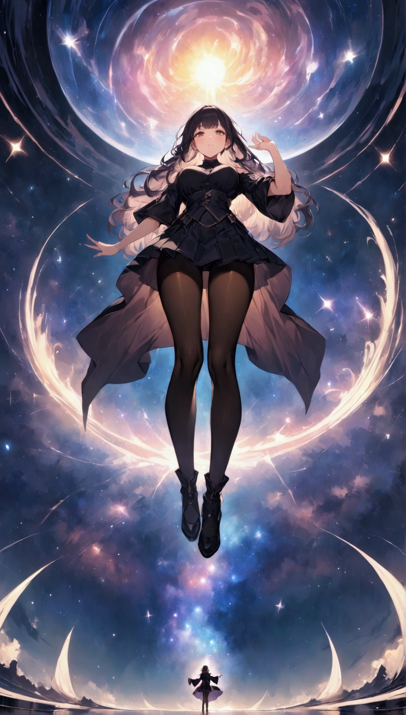 {{アクション}},from below,wide shot,{{masterpiece}}, {{{Highest quality}}},{{Very detailed}},full body, dutch angle,Dynamic composition, Female Wizard,Raise your one hand and cast the magic、mini skirt　Black pantyhose　Sea of stars　Starry sky background,nebula