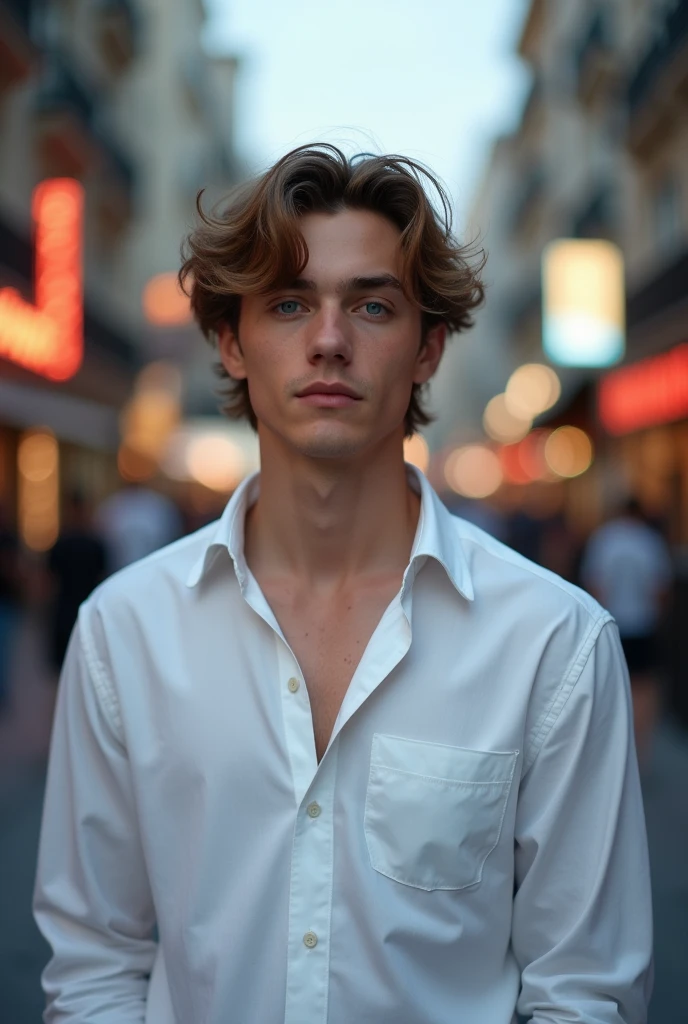 A white skinned man, usando uma camisa branca, light blue eyes, hair just down to the neck light brown, half messy and smooth, a thin goatee with some flaws, half full eyebrow, similar to cellbit