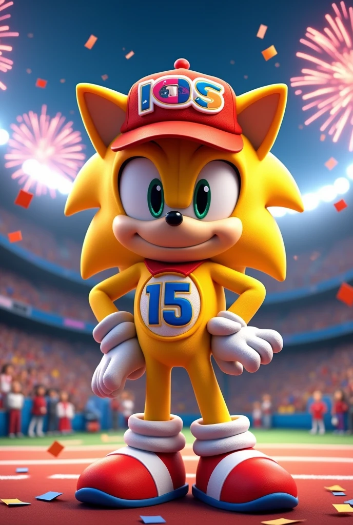 Yellow Sonic mascot wearing number 15 outfit and hat 15