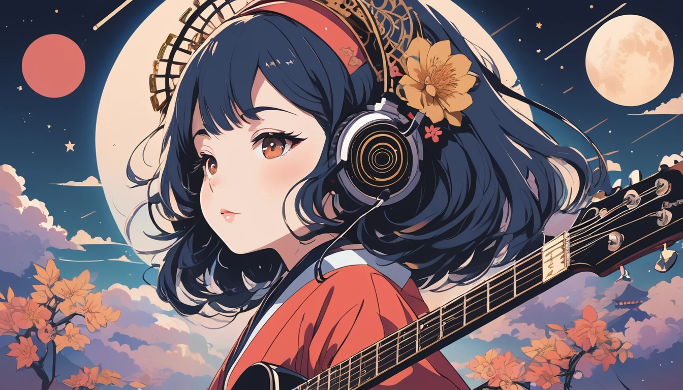 Japanese style headphones、Oiran、Electric guitar、Wide-angle lens, Lofi Anime, Lofi illustration, Aesthetic atmosphere, Lo-Fi Style, Vector art, Flat Design, Simple shape, Warm tones, Pleasant atmosphere, Chill, In anime style, Digital drawing, Vector art, Vector logo for t-shirt printing, (Adorable:1.5), (small:1.4), (Playful:1.2), (soft:1.3), (Whimsical:1.1), masterpiece, Highest quality, 8k, Intricate details, grow, Celestial, Mysterious, Picturesque, amazing, Majestic, Magic, Fantasy art, Cover art, dream-like
