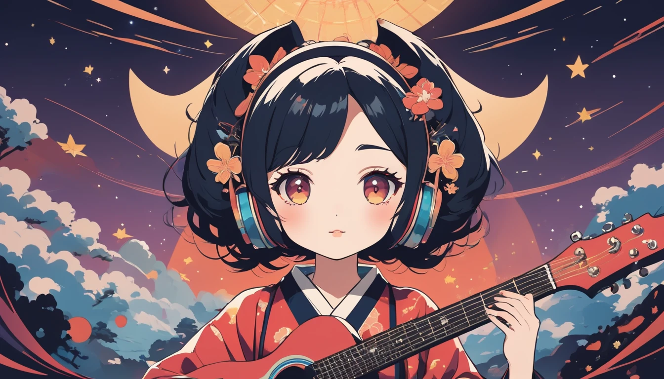 Japanese style headphones、Oiran、Electric guitar、Wide-angle lens, Lofi Anime, Lofi illustration, Aesthetic atmosphere, Lo-Fi Style, Vector art, Flat Design, Simple shape, Warm tones, Pleasant atmosphere, Chill, In anime style, Digital drawing, Vector art, Vector logo for t-shirt printing, (Adorable:1.5), (small:1.4), (Playful:1.2), (soft:1.3), (Whimsical:1.1), masterpiece, Highest quality, 8k, Intricate details, grow, Celestial, Mysterious, Picturesque, amazing, Majestic, Magic, Fantasy art, Cover art, dream-like