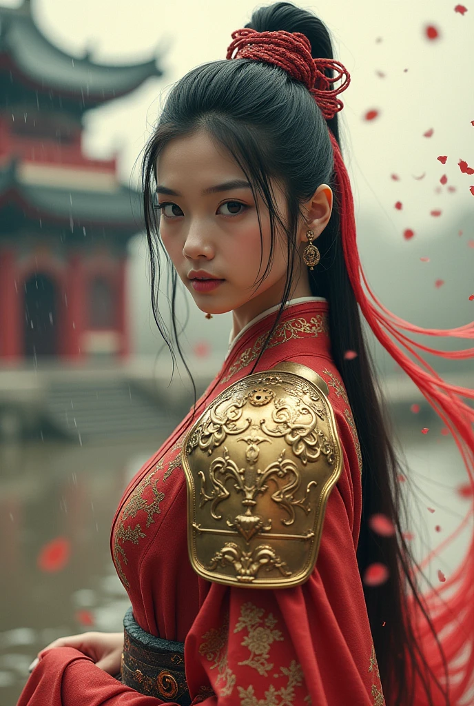 (Photorealistic, RAW, 16K, Masterpiece, UHD), full body, splash-ink tai chi illustration, yin yang illustration, Chinese Wuxia (real sexy Dilraba Dilmurat), ponytail, dramatic angle, looking_at_viewer,(fluttered detailed ink splashs), (illustration),(((1 girl))),(long hair), (Beautiful face), ,(rain:0.6),((expressionless ,Carmine hair ornament:1.4)),(There is a palace far away from the girl),chinese clothes,((focus on the girl)), color Ink wash painting,(ink splashing),(Huaqing splashing),((colorful)),[sketch],best quality, beautifully painted,highly detailed,(denoising:0.7),[splash ink],yin yang, tai chi, perfect hand, perfect fingers, beautiful eyes, ,xuer Ancient golden armor, Dual Sword,Weapon