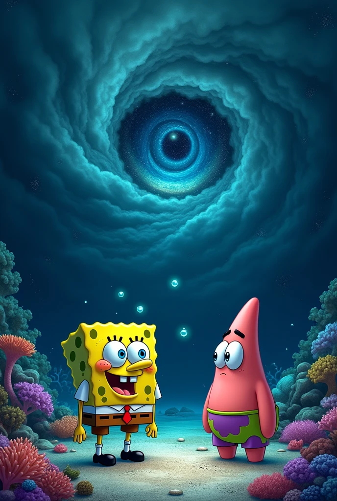 Make Spongebob , Patrick Star and Squidward looking at the dark sky with a cosmic dark eye, around the eyes there is black smoke