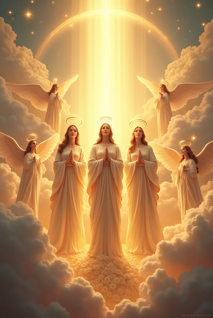 Make an 8k image of the sanfa trinity together with angels and saints