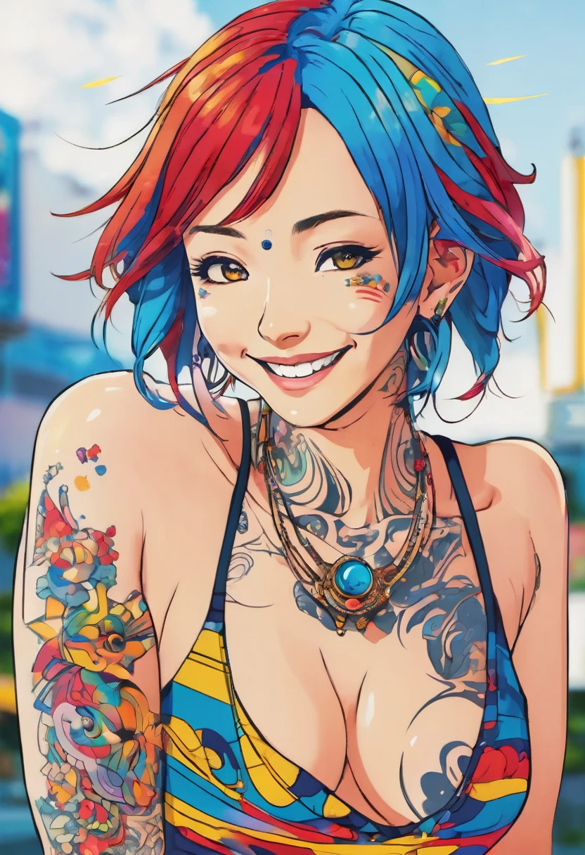 Animestyle illustration of a female character with red and blue hair, wearing colorful tattoos on her chest and smiling against a yellow background. The artwork features bright colors, intricate details and sharp focus with high resolution and high detail. It has a perfect composition in the anime art style with the Japanese manga artstyle. The rendering is of the best quality in the style of Akira Toriyama and Nyo.