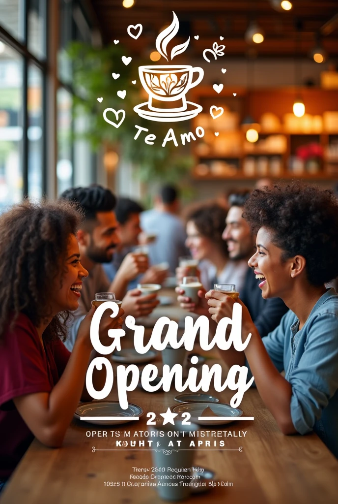 Create hd poster for Te amo Cafe grand opening on 21th August with cuppuccino drinking people background