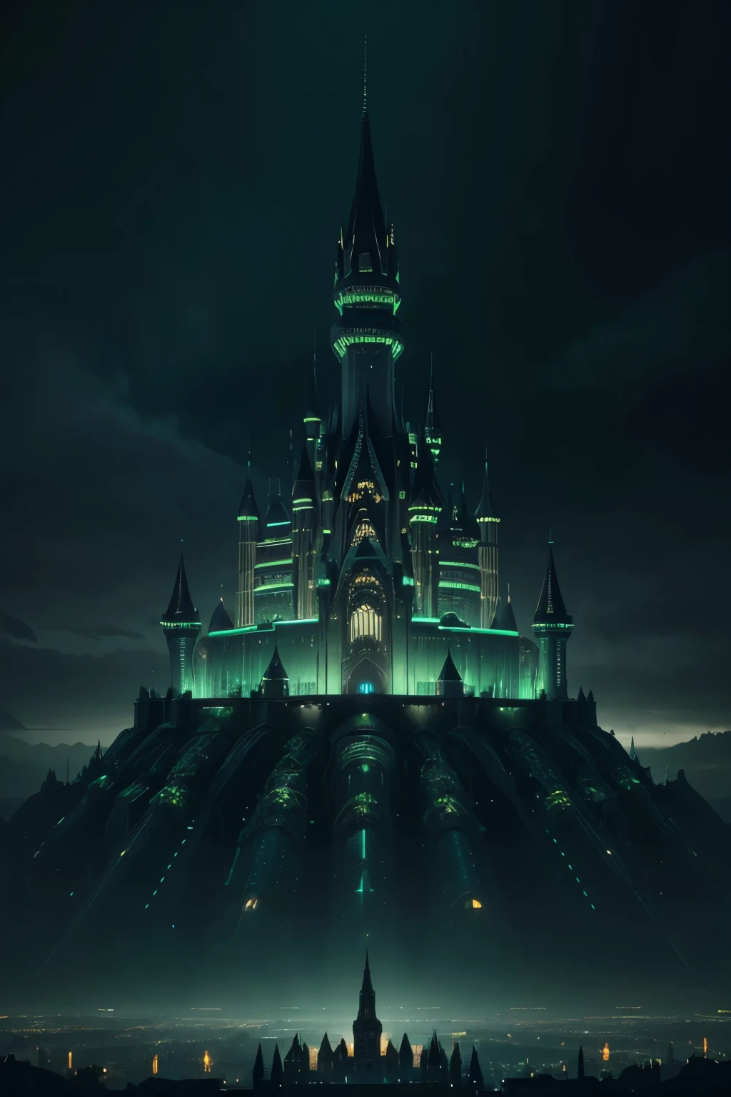 a giant castle made of technology and green programming lines in a highly protected digital world, black background, cinematic lighting, octane render, 8k, detailed, photorealistic, concept art, futuristic, sci-fi, digital art, 3d, highly detailed, intricate, complex, architectural, metallic, glowing, neon, dramatic, atmospheric, moody, dark, cyberpunk