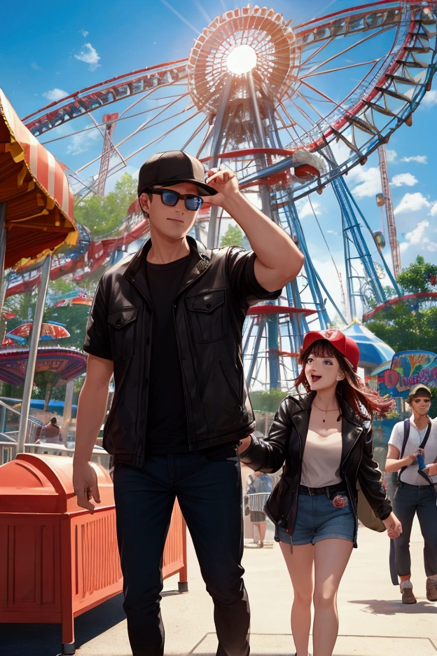 A man and a woman go to an amusement park.