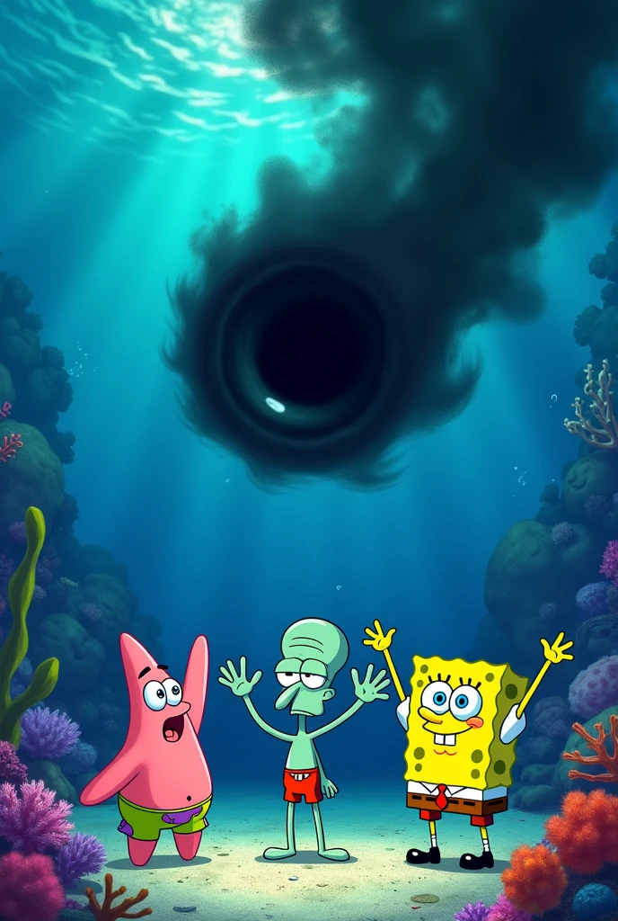 Make Spongebob , Patrick Star and Squidward raising their hands while giving away their energy and looking at the dark sky with a cosmic dark eye, around the eyes there is black smoke