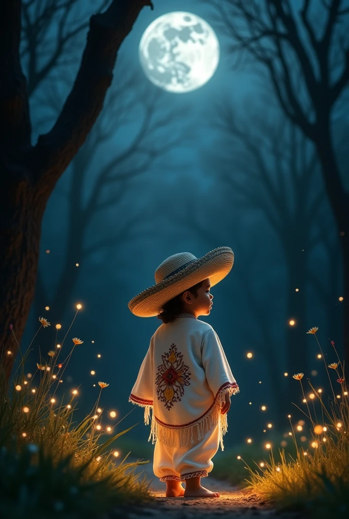 (photorealism:1.2), Child in the darkness of the night with a white blanket suit and straw hat from colonial times in Mexico 