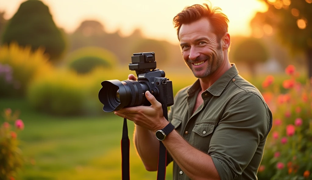 Generate a 16:9 aspect ratio image of Hugh Jackman taking a photo. The image should depict him standing with a camera, as if he's about to capture a moment. Ensure the scene includes natural lighting and a suitable background that complements the act of photography."