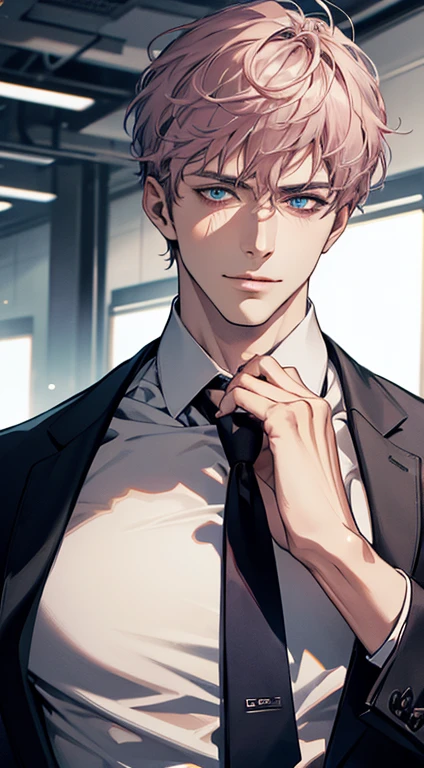 (best quality,4k,8k,highres,masterpiece:1.2),ultra-detailed,(realistic,photorealistic,photo-realistic:1.37),1 man,31 years old,mature man,very handsome,without expression,smile,short grey pink hair,blue eyes,penetrating gaze,perfect face without errors,imposing posture,businessman,office background,cinematic lighting,hdr image