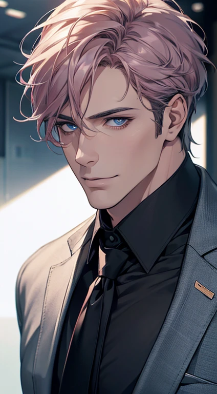 (best quality,4k,8k,highres,masterpiece:1.2),ultra-detailed,(realistic,photorealistic,photo-realistic:1.37),1 man,31 years old,mature man,very handsome,without expression,smile,short grey pink hair,blue eyes,penetrating gaze,perfect face without errors,imposing posture,businessman,office background,cinematic lighting,hdr image