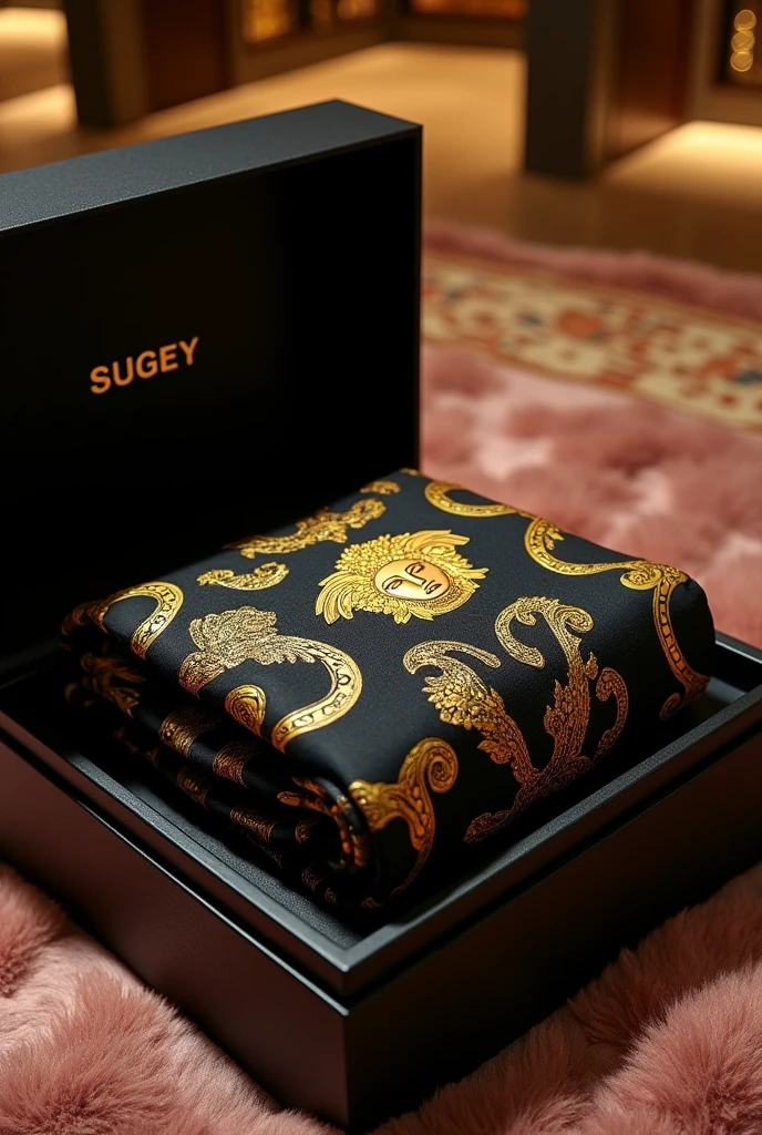 Versace black packed quilt with Sugey&#39;s name in a Sugey box