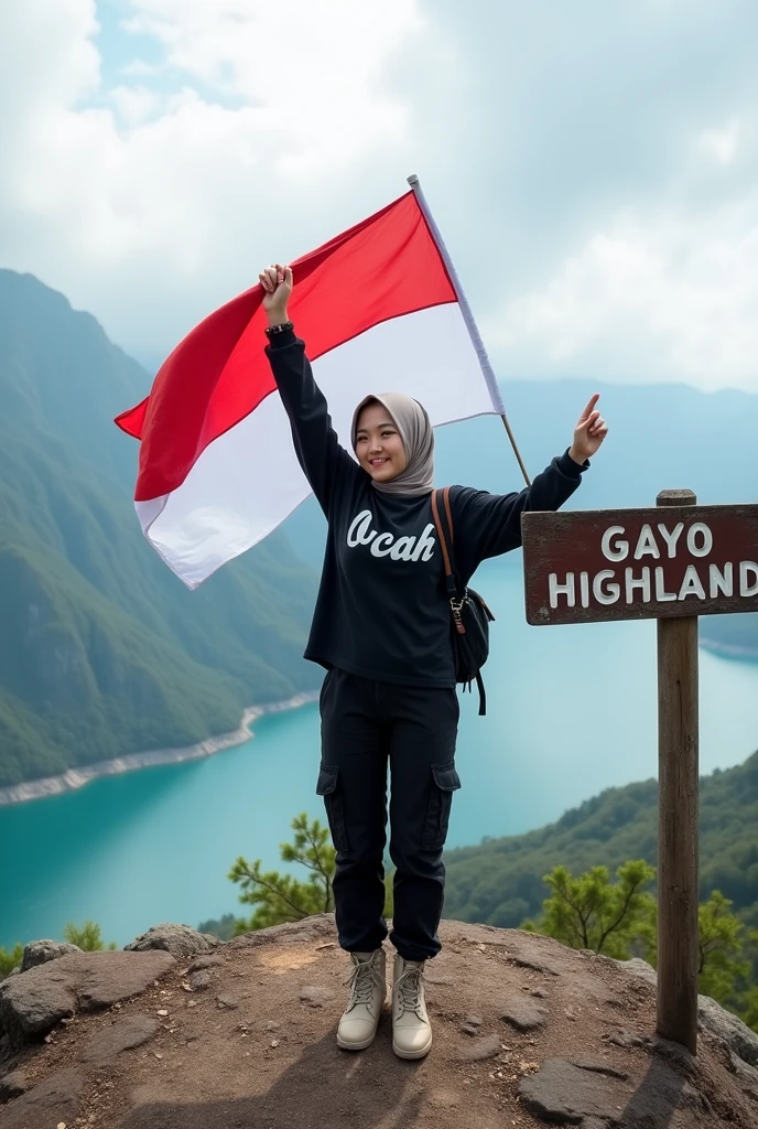 Professional photography of a Korean woman wearing a hijab, a loose black t-shirt that reads "Ocah" black cargo trousers, nude coloured boots, a mountaineering bag on her back, standing at the top of a mountain, waving an Indonesian flag, surrounded by rocky terrain with a view of the lake below. A sign reads "GAYO HIGHLAND", a partly cloudy sky adds to the background of the scene, as he smiles at the camera.