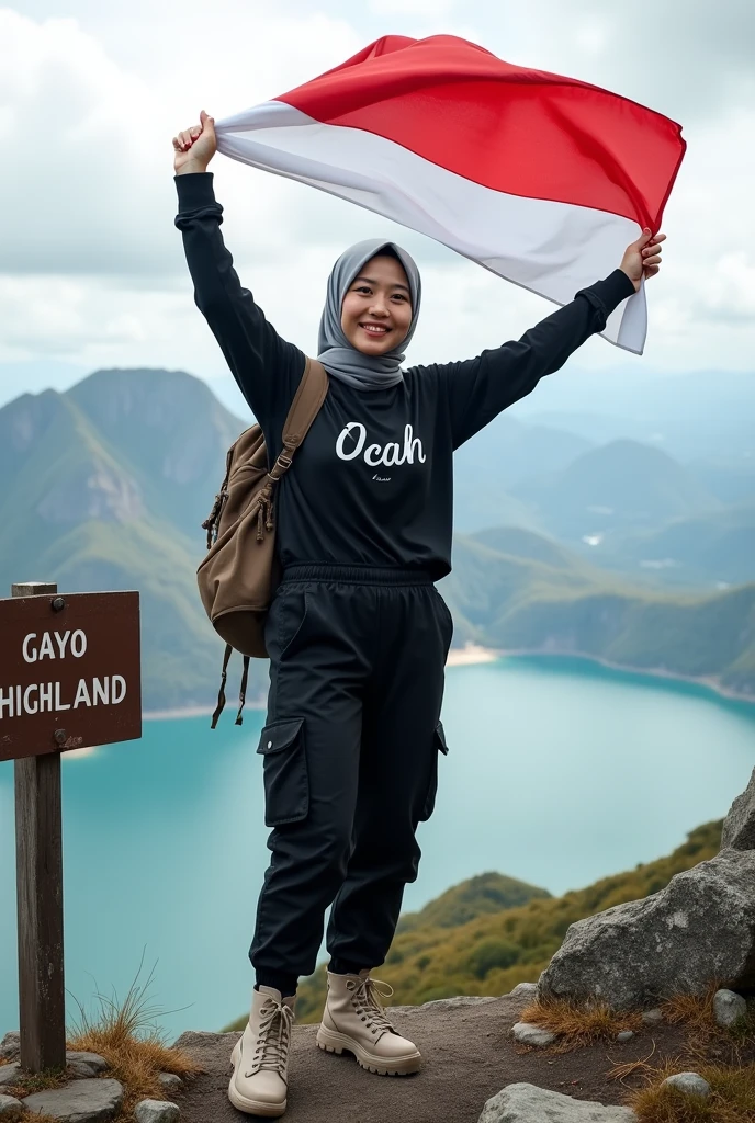 Professional photography of a Korean woman wearing a hijab, a loose black t-shirt that reads "Ocah" black cargo trousers, nude coloured boots, a mountaineering bag on her back, standing at the top of a mountain, waving an Indonesian flag, surrounded by rocky terrain with a view of the lake below. A sign reads "GAYO HIGHLAND", a partly cloudy sky adds to the background of the scene, as he smiles at the camera.