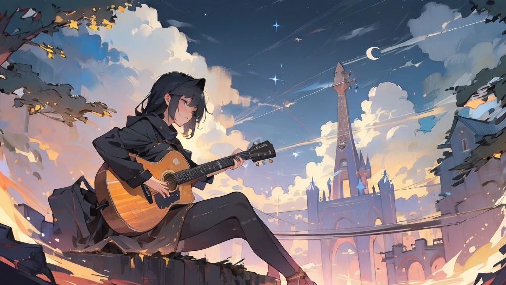 masterpiece,night,(dark alley),star、Night evening Sky、milky way、octone、
(1. Female), (solo), Knee hugging sitting，acousticguitar
